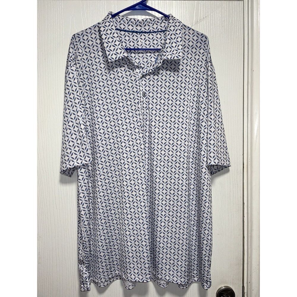 Performance Polo Shirt Men's 2XL White‎ Blue Geometric Short Sleeve Stretch